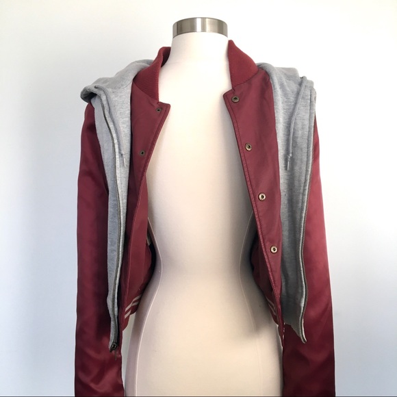 Faux Leather Moto Bomber Jacket Hoodie Red Grey - Picture 10 of 10